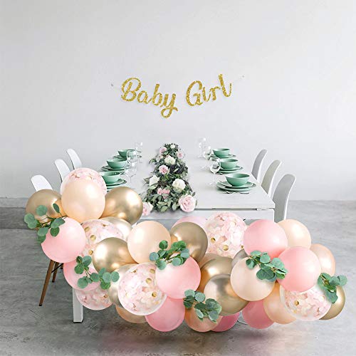 Sweet Baby Co. Baby Shower Decorations For Girl With Pink Balloon Arch Garland Kit, Baby Girl Banner Decor, Eucalyptus Boho Greenery Vine, Light Pink, Peach Blush, Gold, Confetti Balloons #TOP1