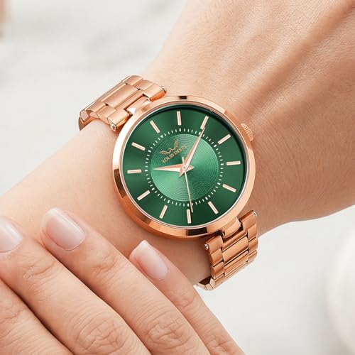 Image of LOUIS DEVIN Rose Gold Plated Metal Chain Analog Wrist Watch for Women (Rose Gold /Brown /Green Dial) | LD-ZL511