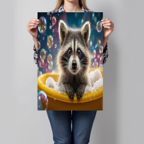 Tableau décoratif intissé raton laveur étanche gris-brun pour salle de bain