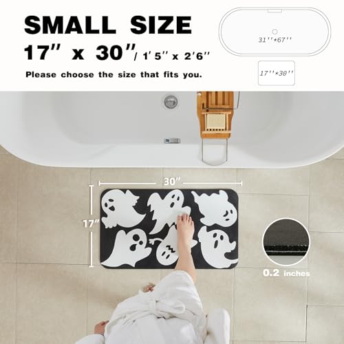 Halloween Bath Mat, Thin Halloween Bathroom Rug Non Slip Quick Dry Ghost Bath Mat Fits Under Door Thin Floor Mat Halloween Decor, 17''x30'', Ghosts Black