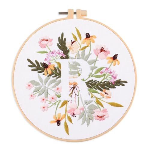 Image of IUHUI Embroidery Kit for Beginners Adults - 26 Floral Letters Easy Patterns, DIY Hand Stitching Embroidery Set with Hoop (Flower and Grass Letter R)