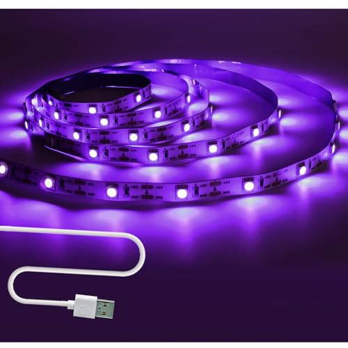 Tesfish Bande LED UV Lumières, 5V USB 2M Bande LED de lumière noire SMD 5050 395nm - 405nm IP20 Total 60 LEDs Ruban LED pour Bar, Fête d'Halloween, Club, Décoration