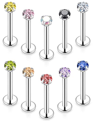 16G Internal Thread Flat Back Earrings Nose Studs 316L Surgical Steel Medusa Labret Monroe Lip Ring Tragus Forward Helix Conch Cartilage Lobe Earrings Stud Piercing Jewelry For Women Men