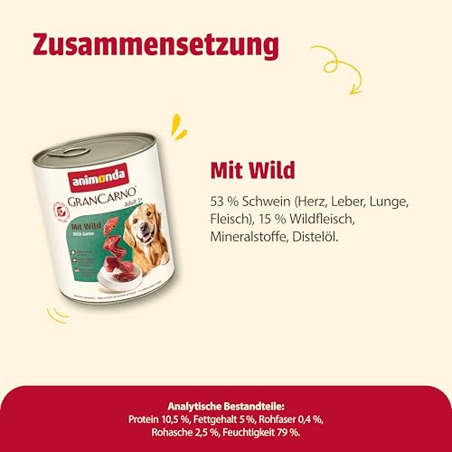 animonda GranCarno Hunde Nassfutter mit Wild (6 x 800 g), getreidefreies Hundenassfutter ohne Zucker, für ausgewachsene Hunde, mit frischen fleischigen Zutaten