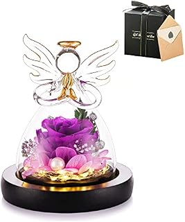 Beauty and The Beast Rose in Glass Dome Angel Ornament Gifts with Led Light Preserved Eternal Forever Enchanted Rose for Women Mum Her Birthday Decorations Wedding Anniversary