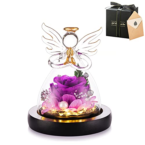 Schutzengel Infinity Rosen Im Glas Mit Licht Engel Figur Schöne Und Das Biest Rose Echte Ewige Geburtstag Tauf Konfirmation Kommunion Geschenk Frauen Mädchen Junge Weihnachten Muttertag Deko, Violett Cover