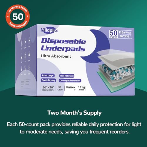 Image of MILDPLUS Disposable Bed Pads 36'' X 36'' Heavy Duty Underpads Extra Large Incontinence Pads for Unisex Adult, Senior, Kids and Pet (50 Count)
