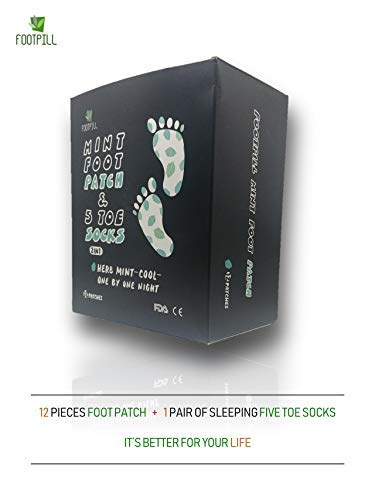 FOOTPILL | Premium Mint Foot Patch | 12 All Natural Foot Pads - Body Pain Relief | Sleeping & Anti-Stress Relie | Improve Sleep & Remove Impurities | & 5 Toe Socks