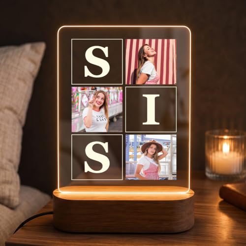 Image of Giftplease Personalised Photo Acrylic Frame with Wooden LED Base - Custom Picture Desk Display, Collage & Initials Text, Unique Raksha Bandhan Gift for Sister, Anniversary & Birthday Keepsake Decor