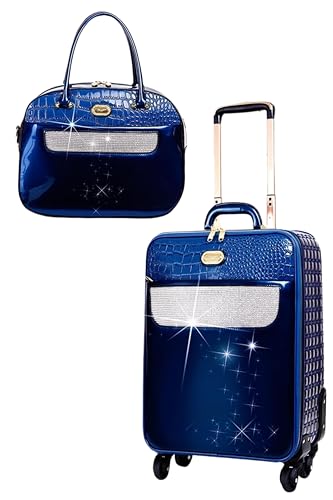 Luxurious Carry-on Spinner Luggage & Patterned Designer Tote with Rhinestone Leather Retro Crystal Overnight Latch on luggage handle (KGL8899 + KGO8329 Matching 2 PC Set) (DARK GREEN)