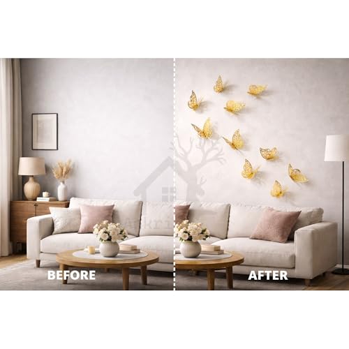 Image of 12PCS 3D Butterfly Wall Stickers for Home Decor with Adhesive Pads, Golden Mirror Effect DIY Wall Decoration for Bedroom Living Room Kids Room TV Background Wedding Birthday Party Decor