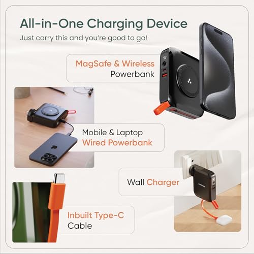 Image of Ambrane 4-in-1 Powerbank, Magsafe Wireless & Laptop Charging with Inbuilt Type C Cable, 65W Fast Charging 15000mAh, Universal All-in-1 for iPhone, Android & MacBook /Type C Laptop (Aerosync 65, Black)