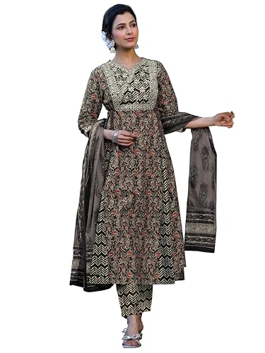 Image of MIRCHI FASHION Women Cotton Printed and Embellished Jaipuri Kurti Set with Pant with Dupatta