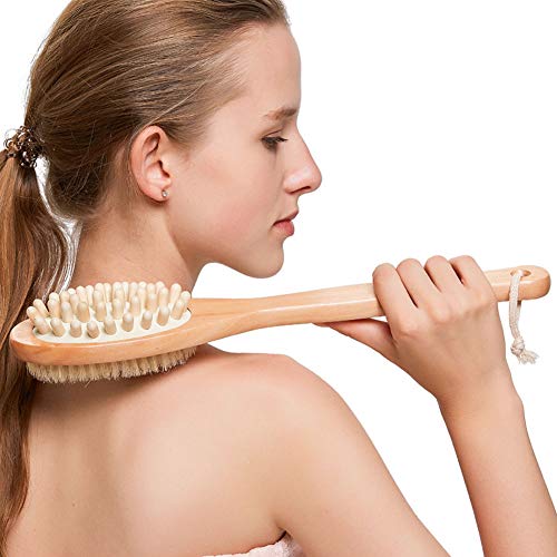 Shower Brush with Soft and Stiff Bristles, Exfoliating Skin and A Soft Scrub, Double-sided Brush Head for Wet or Dry Brushing, Specially Long Wooden Handle Cleans the Body Easily