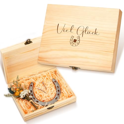 Hestya Hufeisen Glücksbringer Richtfest Geschenk Geburtstag Hochzeit Glückshufeisen mit Viel Glück Holzkiste Hufeisen Deko Geschenk zum Einzug Taufe Einweihungsgeschenk Geschäftseröffnung