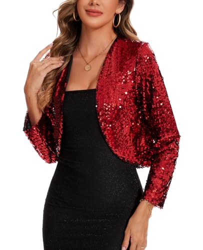 Image of MINTLIMIT Women's Sequin Shrug Bolero Long Sleeve Open Front Party Sparkly Cropped Cardigan Glitter Shiny Jackets