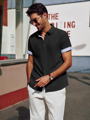 PJ PAUL JONES Men's Short Sleeve Button Down Shirt Wrinkle Free Casual Summer Beach Shirts with Plaid Contrast Flip Cuffs3