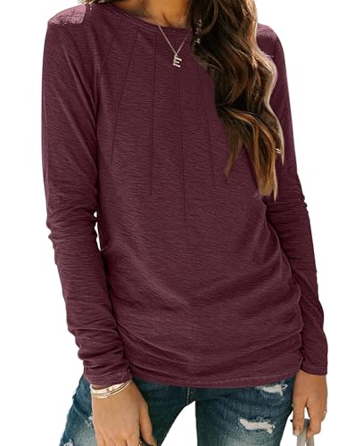 Womens Long Sleeve Shirts Pleated Fashion Crew Neck Casual Tops Blouses Basic Tee Trendy Clothes 2025