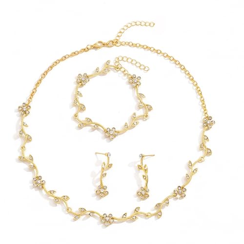 LACLASSIELL Crystal Garden Gold Floral Wedding Jewelry Set, 3-Piece Rhinestone Necklace, Bracelet and Earrings Set with Vine Design, Bridal Special Occasion Accessories