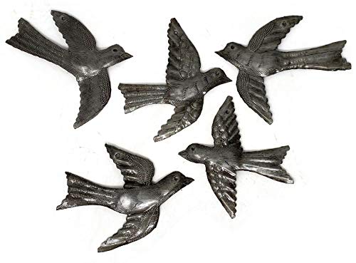 Set of 5 Small Birds Flying Decorative Bird Metal Wall Hanging Ornaments Haitian Recycled Figurines Nature Inspired 4 x 5 Inches