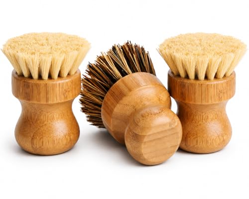 3 Pack - Natural Bamboo Kitchen Brush Set Hard Brush & Soft Brush Eco Dish Scrubber Set with Wooden Handles Sustainable Wood & Palm Cleaning Brushes for Sinks