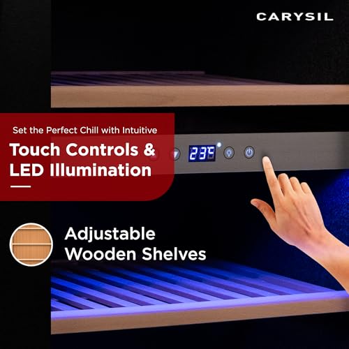 Image of Carysil Wine Chiller, Stores up to 24 Bottles, Free Standing, Dual Cooling Zone (3C-12C White & 12C-20C Red Wine), Adjustable Wooden Shelves, Toughened Glass Door, LED Display, Ideal for Home
