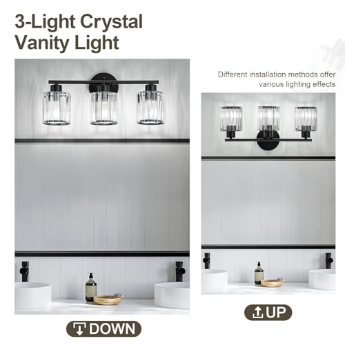 Image of Modern Black Crystal Bathroom Light Fixtures,3-Light