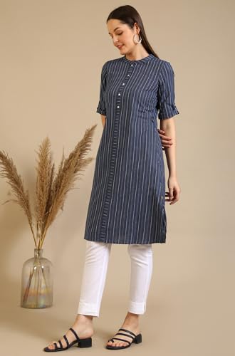 Image of Aurelia Women's Blue Striped Pure Cotton Mandarin Collar Straight Kurta
