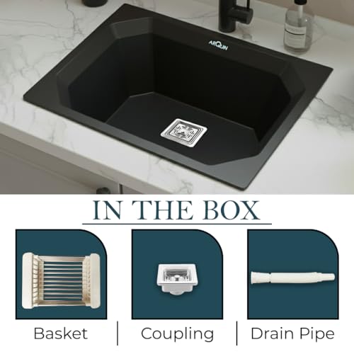 Image of ARQUIN Quartz Kitchen Sink 24x18x9 Inch Black Diamond | Single Bowl Sink | Durable & Scratch-Resistant | Undermount /Topmount Including Coupling, Waste Pipe & Fruit Washing Basket