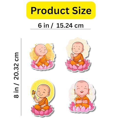 Image of Regalo Casila Baby Monk Fridge Magnet Set of 4 Kids Room Kitchen Home Decoration Cute Peaceful Spiritual mini Monk Stickers on Lotus Spiritual Gifts for Adults Children Return Gifts Meditation Lovers
