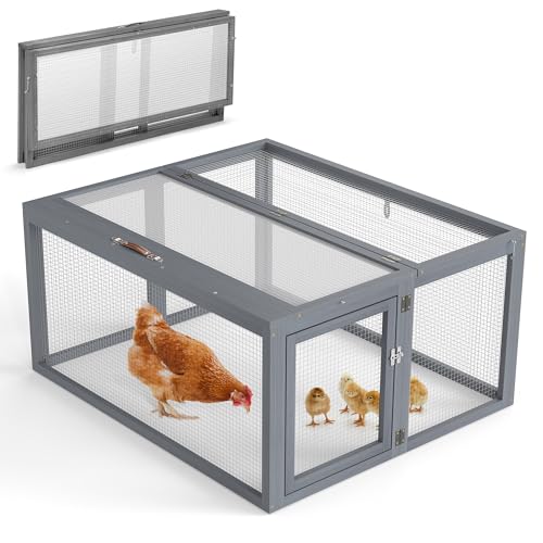 COZIWOW Chicken Coop Run Rabbit Hutch Portable Chicken Cage Pens with Top & Side Opening Doors Folding Wooden Chicken Coop Outdoor Indoor Small Animal Playpen Chicken Brooder Box 43.3Inch (Grey)