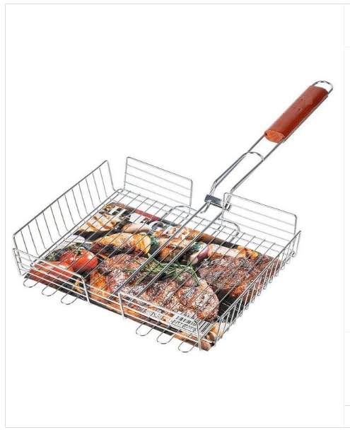 COSKIRA Outdoor Barbecue Clip Net Large Metal Grilled Chicken Grill Barbecue Fish Clip Net Stand Grill Net Barbecue Tools | For Meat, Fish, Vegetable BBQ with Wooden Handle Non-Stick Grill -Silver (B0D45GBJJG) Amazon Price History, Amazon Price Tracker