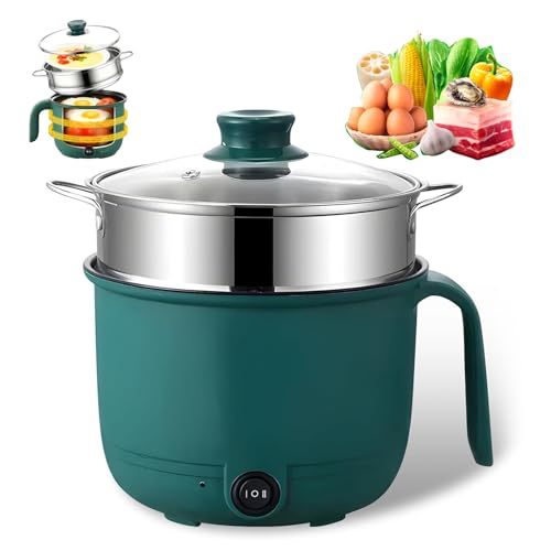 Petite casserole électrique de 1,5 l avec panier vapeur en acier inoxydable, 600 W, portable et rapide, poêle multifonction pour la maison, le bureau et le dortoir d'étudiant (vert)