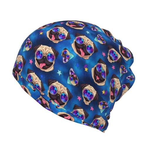Girls Boys Beanie Caps Chemo Hat, Large Hedging Head Hat Skull Caps for School, Motorcycle, Skate, Fashion Military Tactical Cap Ski Cap (Galaxy Pug with Cool Glasses Bonnets)