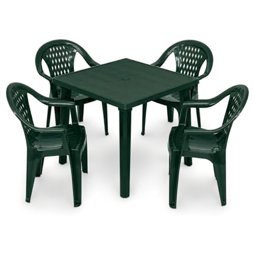 SET COMPLETO DA GIARDINO 4 POSTI: il Set Tokyo comprende 1 tavolo quadrato da esterno con foro per ombrellone e 4 sedie con braccioli, ideale per balcone, terrazzo, giardino, patio e veranda