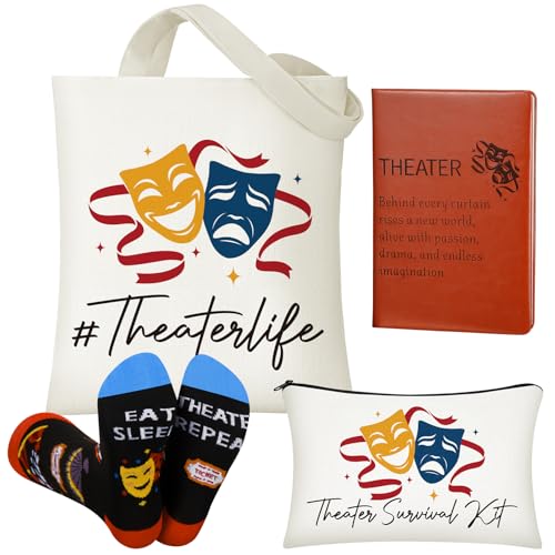 Breathffy 4 Pack Theatre Gift Set for Musical Theater Lovers Canvas Tote Makeup Bag Crew Socks Leather Notebook for Broadway Actors Drama Students Birthday Graduation Gifts