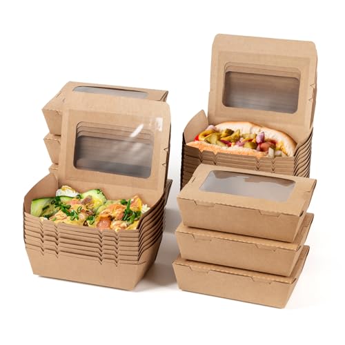 PakTalk To Go Containers 24oz Kraft Paper Food Containers with Window Take Out Boxes (50Pack, Rectangular)