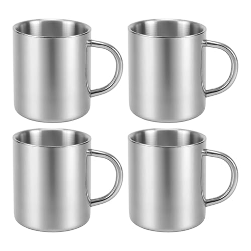 CHUEHKAK Juego de 4 Tazas de Café de Acero Inoxidable, 300 ml, Doble Pared Aislada, con Asa, 7,5 x 9 cm, Plateado CHUEHKAK Juego de 4 Tazas de Café de Acero Inoxidable, 300 ml, Doble Pared Aislada, con Asa, 7,5 x 9 cm, Plateado