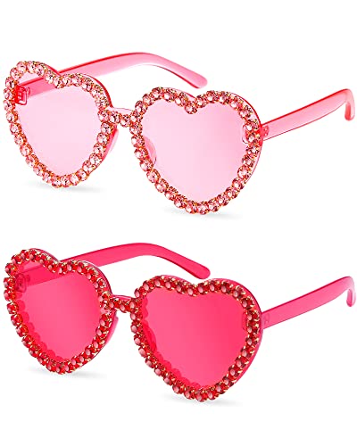 TOODOO 2 Pairs Heart Shaped Rimless Sunglasses Heart Rhinestone Glasses for Women Transparent Heart Glasses