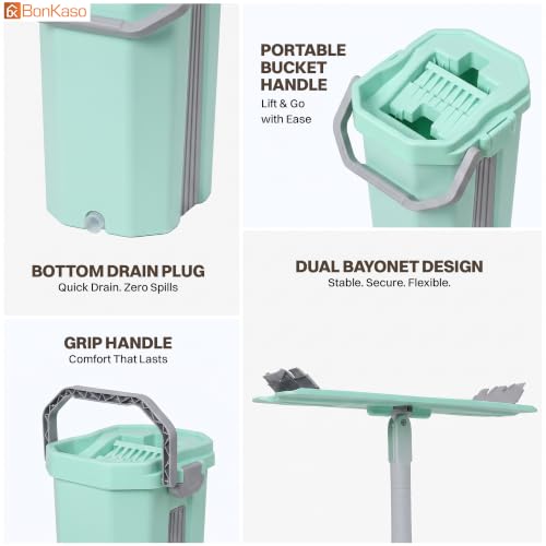 Image of BonKaso Telescopic Flat Mop & Bucket Set with Hands-Free Squeeze System, Microfiber Floor Cleaning Mop for Wet & Dry Cleaning | Includes 2 Reusable Pads for Home, Kitchen, Bathroom & Office | Green