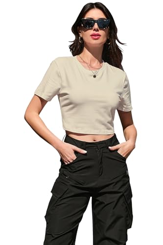 Image of Betusline Girls & Women Basic Summer Short Sleeve Slim Fit T-Shirts Soft Crewneck Crop Y2k Tee Cute Gym Fashion Clothes
