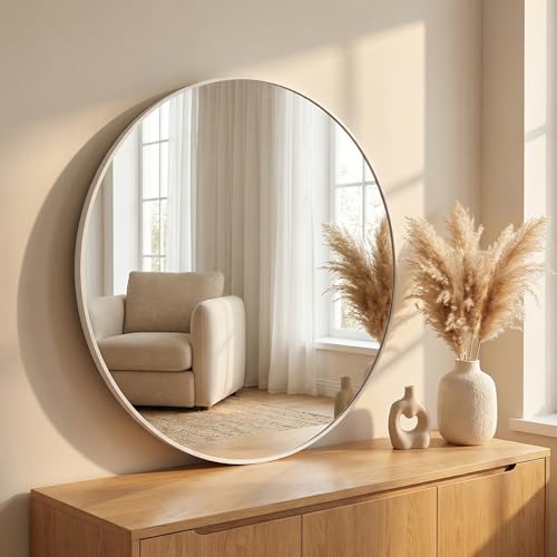 Image of HARRITPURE Round Mirror 20 inch White Wall Mounted Circle Mirrors Vanity Mirror with Brushed Aluminum Alloy Frame Modern Decoration for Bathroom, Living Room, Vanity, Bedroom, Entryway