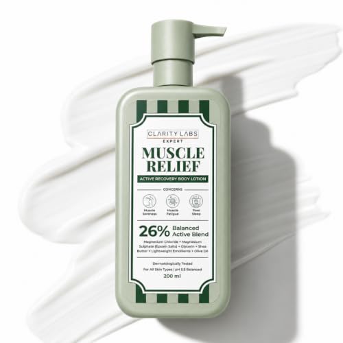 Image of Muscle Relief Magnesium Body Lotion | Sleep & Muscle | 26% Balanced Active Blend | Sleep Support & Relaxation | Post Workout & Recovery | 10% Magnesium Chloride, Magnesium Sulfate (Epsom), Shea Butter, Olive Oil & Vitamin E | 200ml | Clarity Labs
