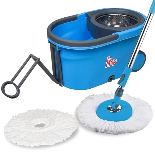 Image of Mr.Mop 360 Degree Round Spin Bucket Mop for Floor Cleaning with Rod Stick and 2 Microfiber Refill | Magic Pocha Set (Blue (Steel Jali))