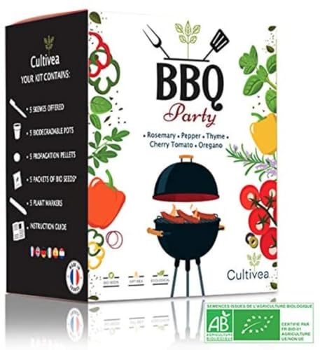 CULTIVEA® Mini Kit Prêt à Pousser BBQ Party - Graines 100% écologiques et biologiques - Jardinez et dégustez - Idée cadeau (Romarin, Thym, Origan, Tomate...