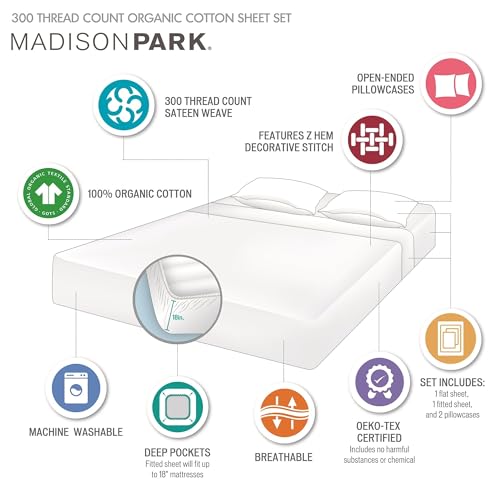 Image of Madison Park Organic Cotton Sheets 300TC, Queen Size Bed Set, Grey 4 Piece