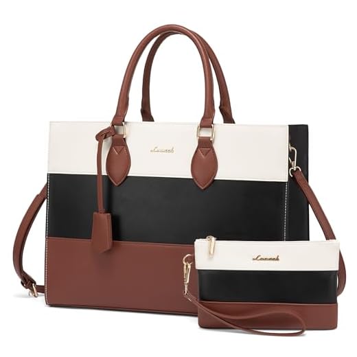 LOVEVOOK Laptop Bag for Women 15.6 Inch Waterproof Teacher Work Tote Bag Professional Office Business Computer Briefcase with Clutch Purse Large Capacity Shoulder Messenger Bag, Brown/Black/White