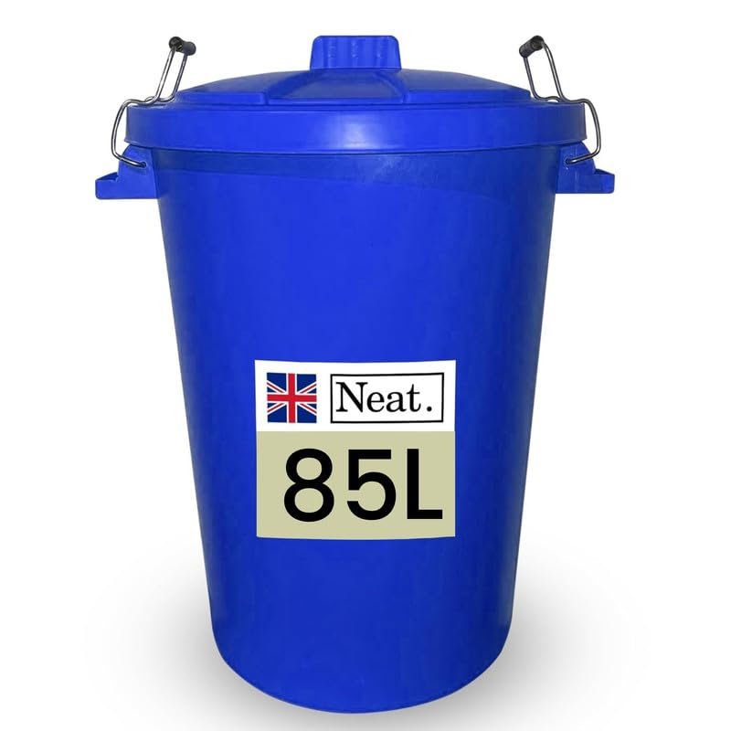 Neat. Extra Large Plastic Dustbin with Clip Locking Lid - Heavy Duty Garden Bin for Rubbish, Recycling, Animal Feed, and Storage, 85 Litre, Dark Blue, Pack of 3