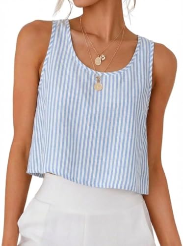 IDEALSANXUN Striped Tops for Women 2026 Tank Top Spring Summer Beach Cute Crop Sleeveless Shirts Blouse Vest, Striped Light Blue, M