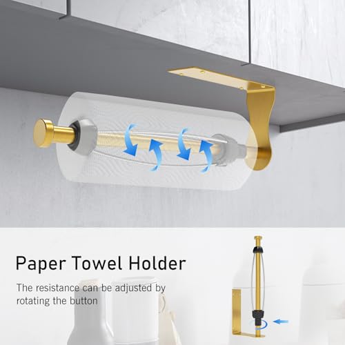 Image of SetSail Paper Towel Holder, Single Hand Operable Paper Towel Holder Under Cabinet with Adjustable Damper Easy Tear Wall Mount Self-Adhesive or Drilled for Kitchen Bathroom, Gold
